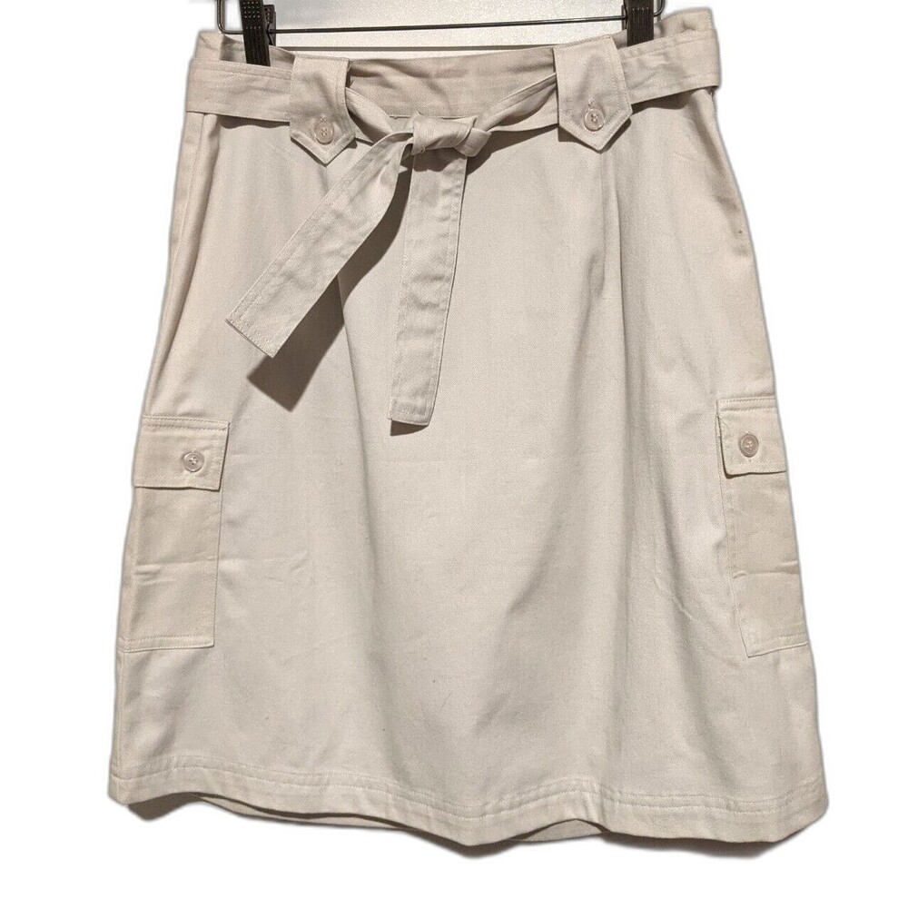 NOS Vintage 80s Khaki Tan Cotton Cargo Button Tab Womens Knee Skirt S